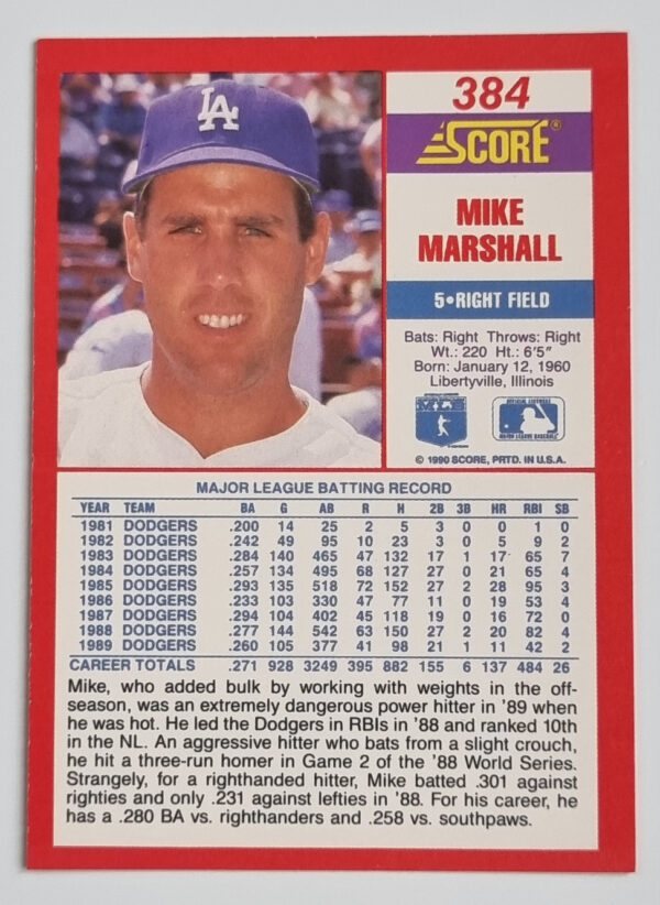 1990 Score #384 Mike Marshall – Image 2