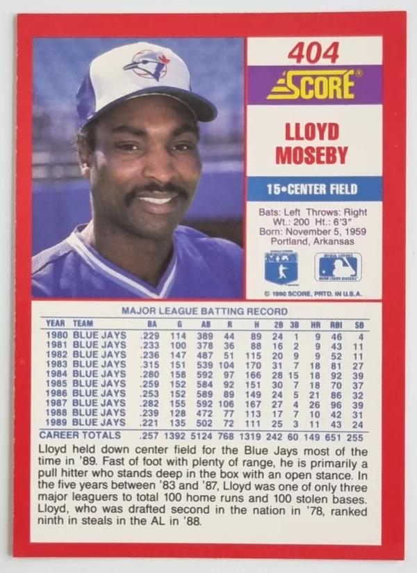 1990 Score #404 Lloyd Moseby – Image 2