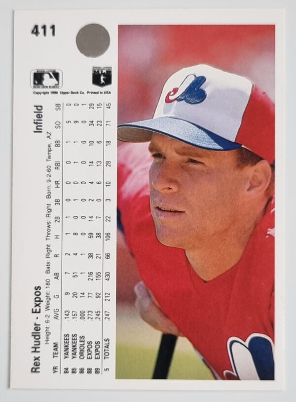 1990 Upper Deck #411 Rex Hudler – Image 2