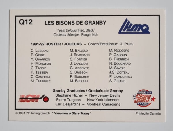 1991-92 7th Inning Sketch LHJMQ The Teams Granby Bisons #Q12 – Image 2