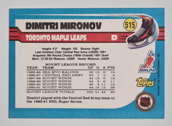 1991-92 Topps #515 Dmitri Mironov – Image 2