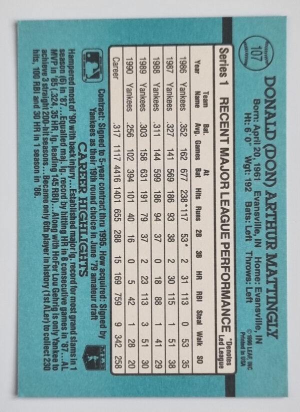 1991 Donruss #107 Don Mattingly – Image 2