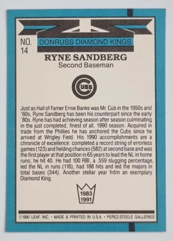 1991 Donruss #14 Ryne Sandberg DK UER/Was DK in '85, not/'83 as shown – Image 2