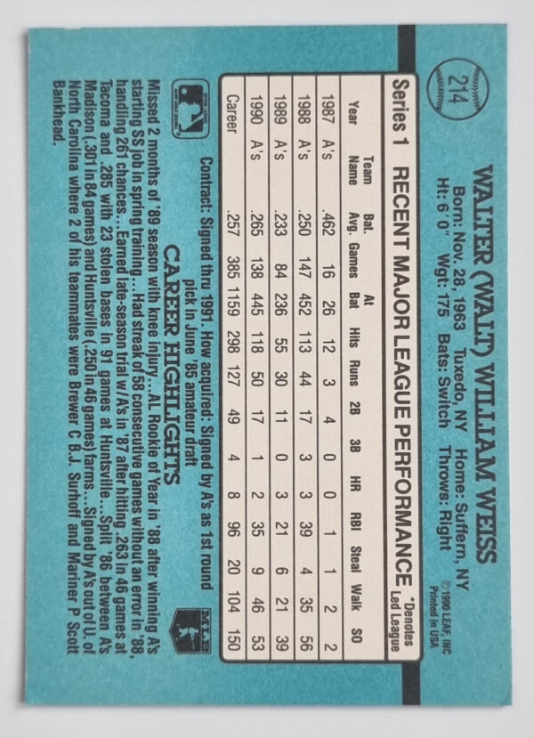1991 Donruss #214 Walt Weiss – Image 2