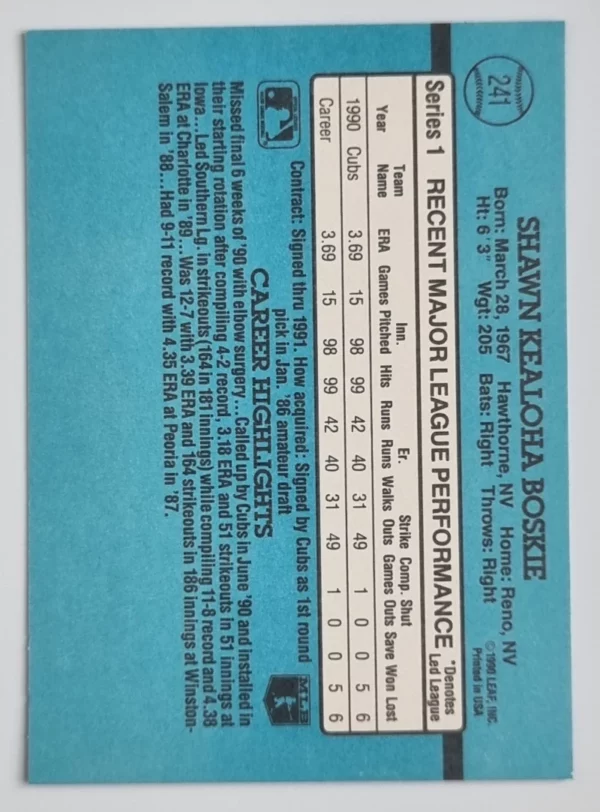 1991 Donruss #241 Shawn Boskie – Image 2