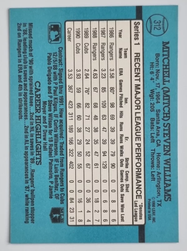 1991 Donruss #312 Mitch Williams – Image 2