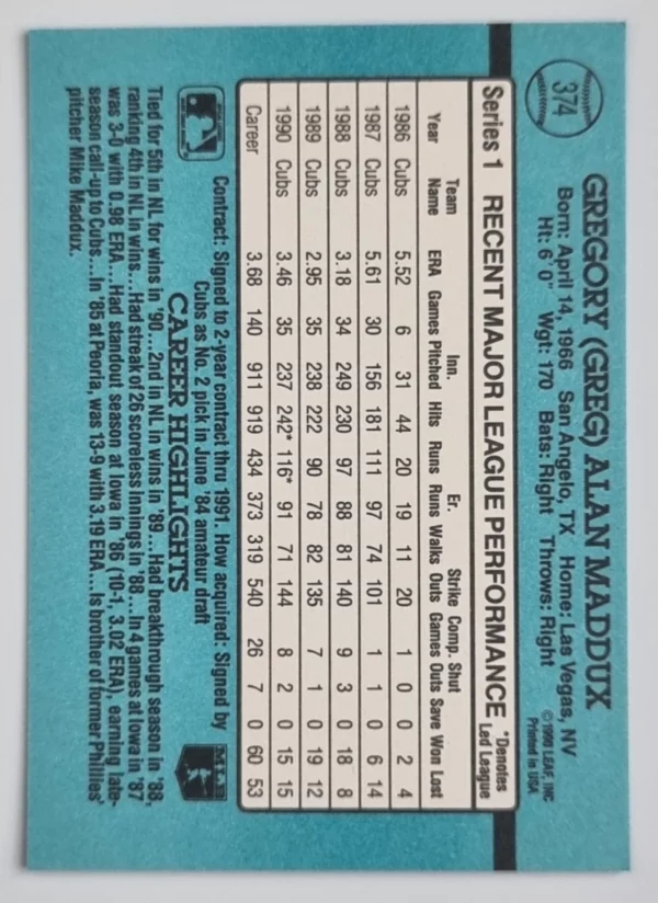 1991 Donruss #374 Greg Maddux – Image 2