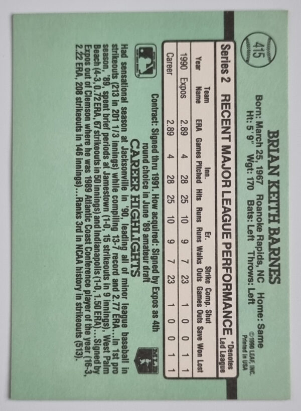1991 Donruss #415 Brian Barnes RR RC – Image 2