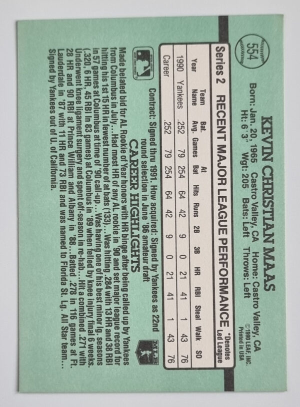 1991 Donruss #554 Kevin Maas – Image 2