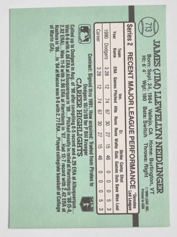 1991 Donruss #713 Jim Neidlinger RC – Image 2
