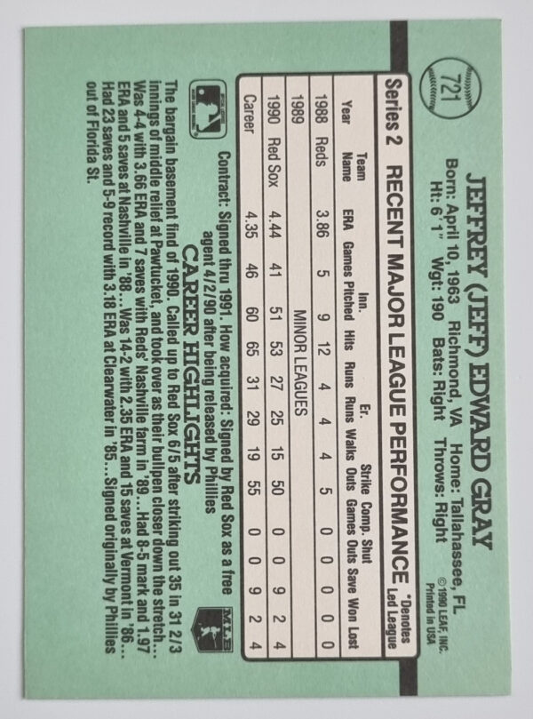 1991 Donruss #721 Jeff Gray RC – Image 2