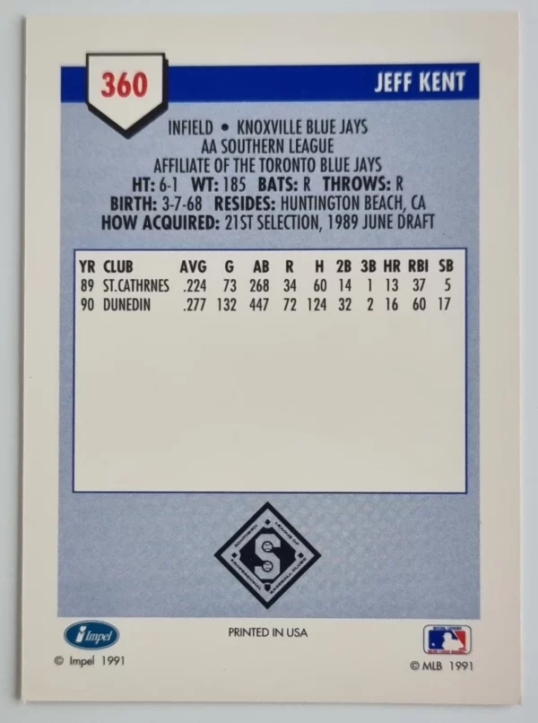 1991 Line Drive AA #360 Jeff Kent – Image 2