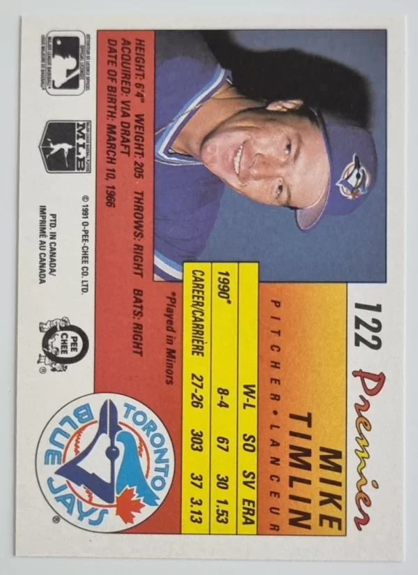 1991 O-Pee-Chee Premier #122 Mike Timlin RC – Image 2