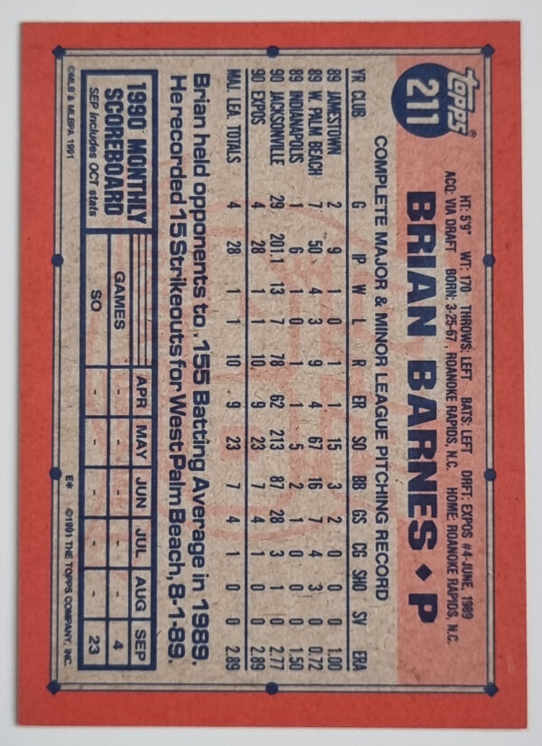 1991 Topps #211 Brian Barnes RC – Image 2