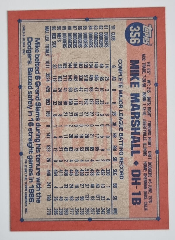 1991 Topps #356 Mike Marshall – Image 2