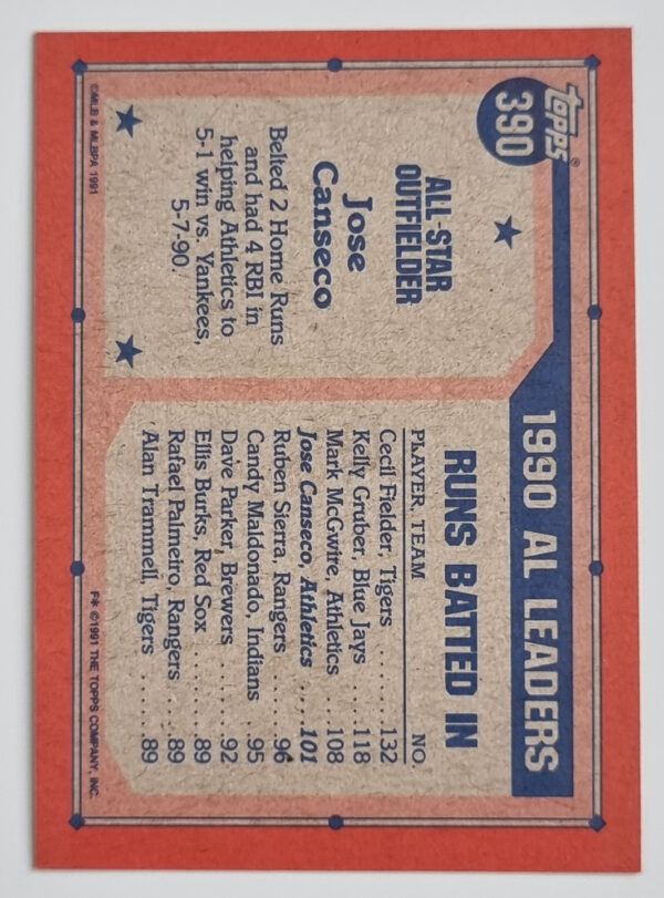 1991 Topps #390 Jose Canseco AS – Image 2