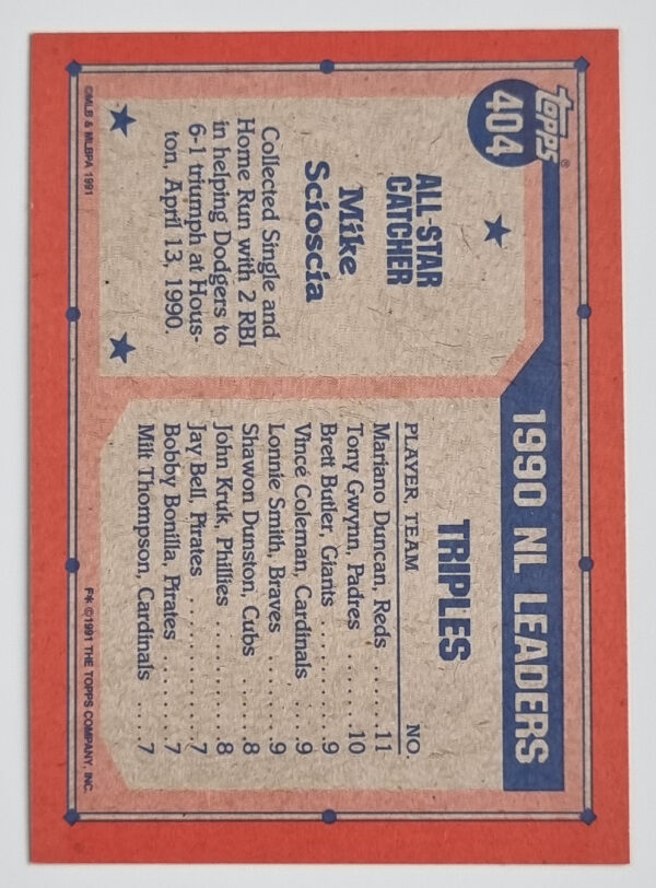 1991 Topps #404 Mike Scioscia AS – Image 2