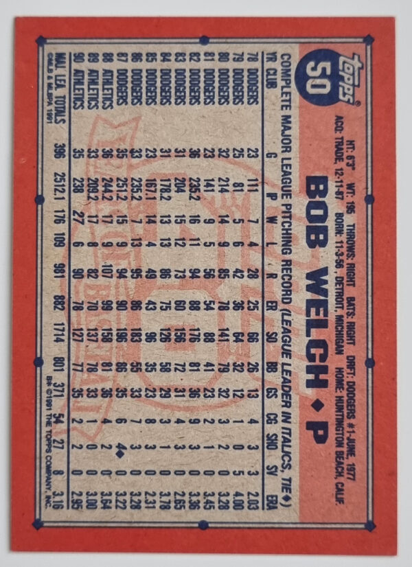 1991 Topps #50 Bob Welch – Image 2