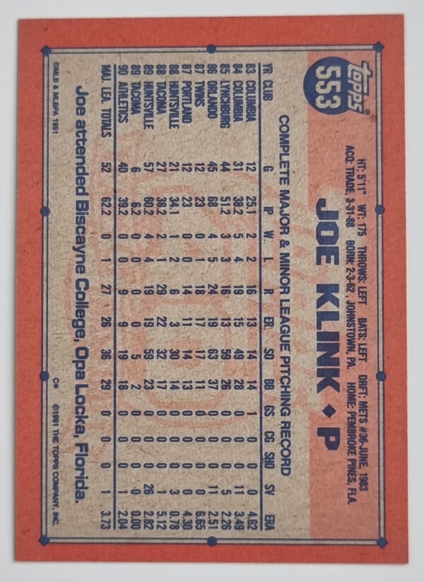 1991 Topps #553 Joe Klink – Image 2