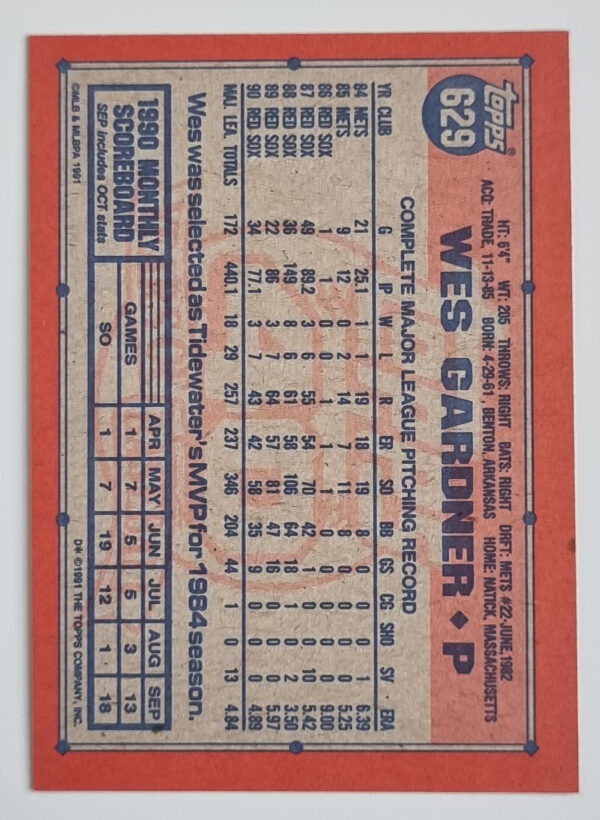 1991 Topps #629 Wes Gardner – Image 2