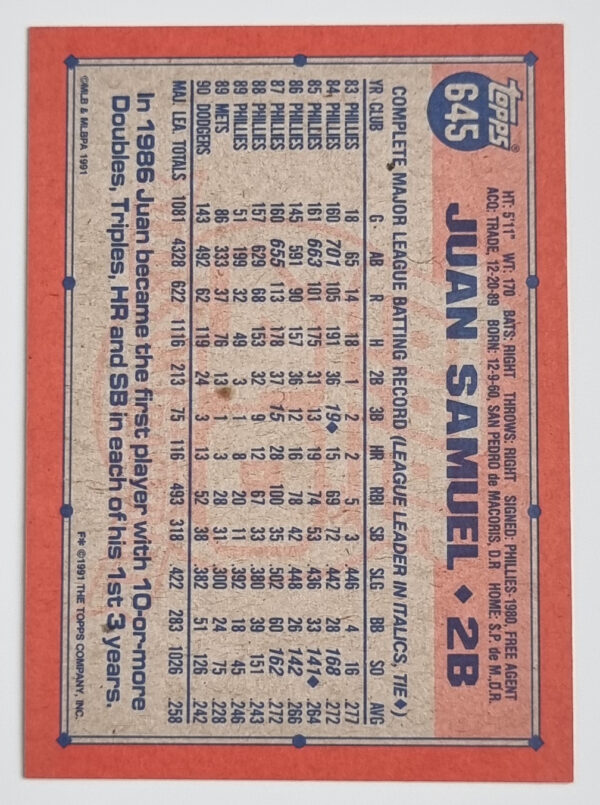1991 Topps #645 Juan Samuel – Image 2