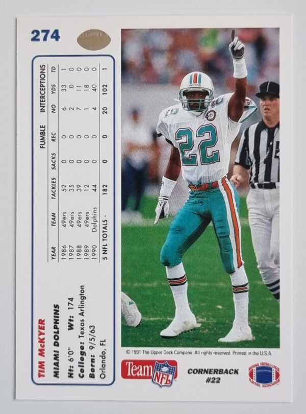 1991 Upper Deck #274 Tim McKyer – Image 2