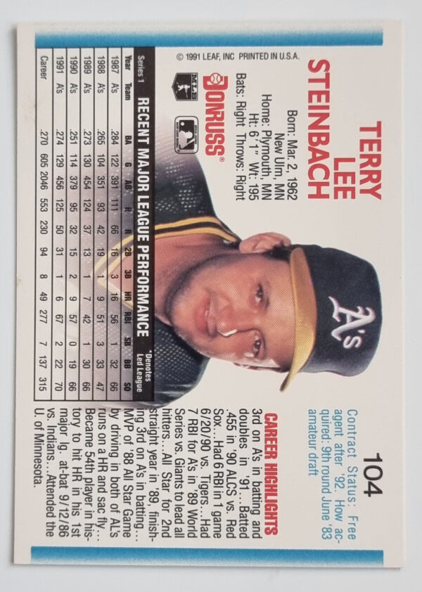 1992 Donruss #104 Terry Steinbach – Image 2