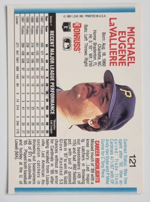 1992 Donruss #121 Mike LaValliere – Image 2
