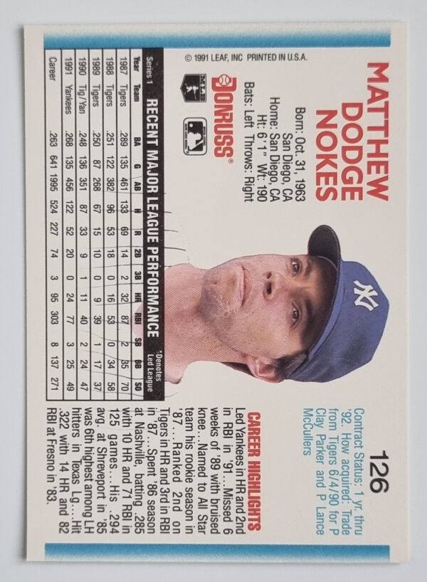 1992 Donruss #126 Matt Nokes – Image 2