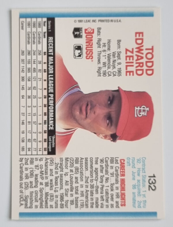 1992 Donruss #132 Todd Zeile – Image 2
