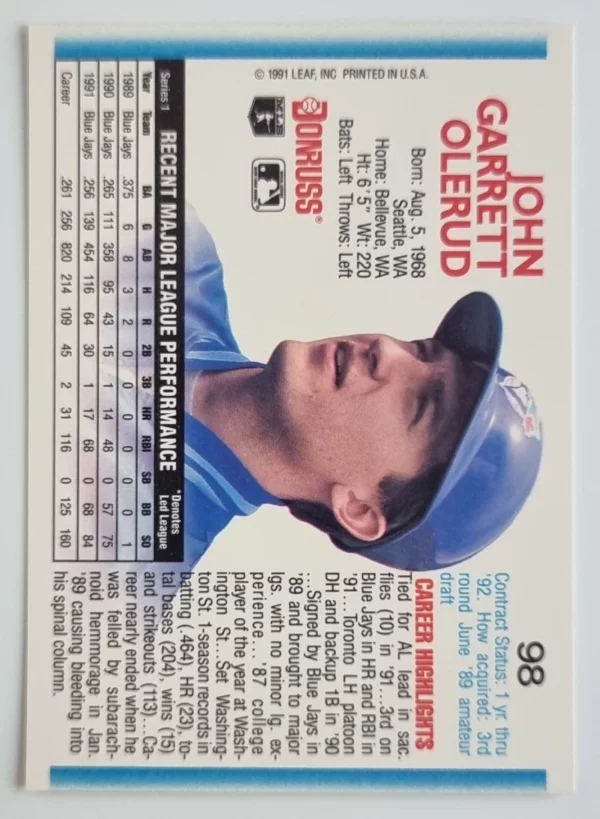 1992 Donruss #98 John Olerud – Image 2