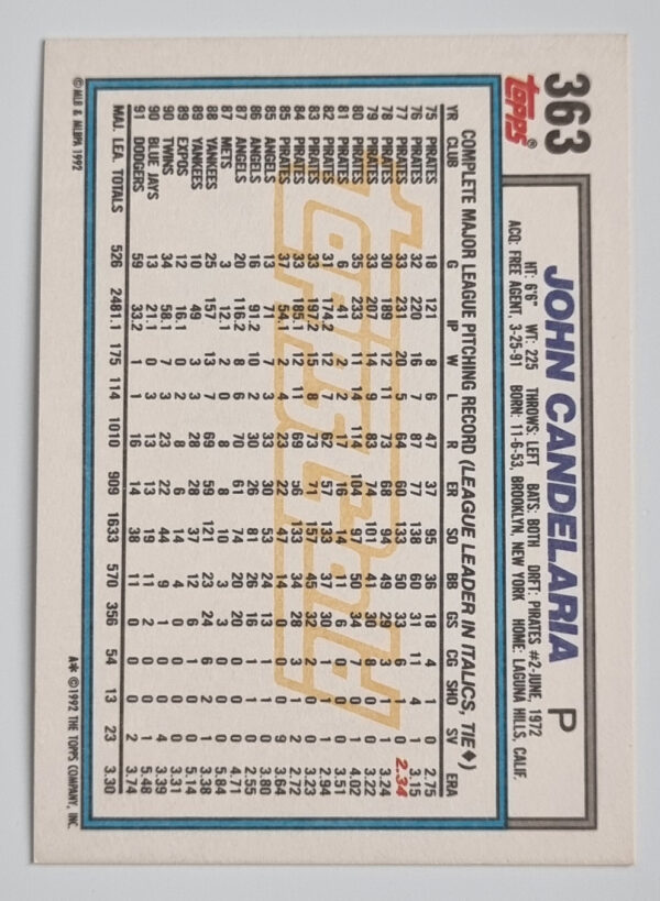 1992 Topps Gold Winners #363 John Candelaria – Image 2