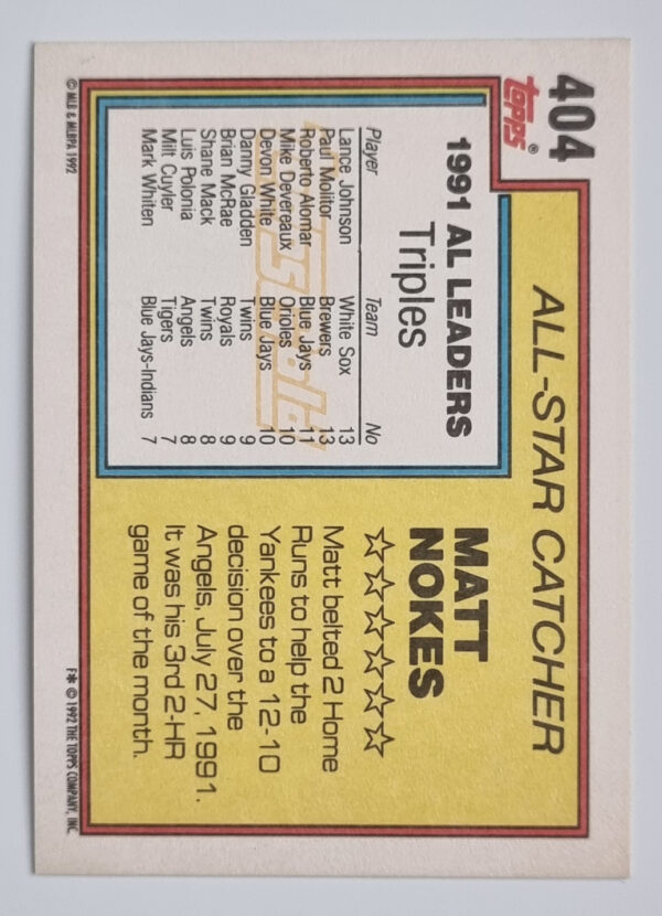 1992 Topps Gold Winners #404 Matt Nokes AS – Image 2