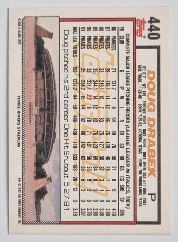 1992 Topps Gold Winners #440 Doug Drabek – Image 2