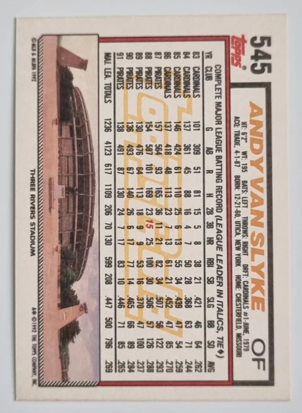 1992 Topps Gold Winners #545 Andy Van Slyke – Image 2