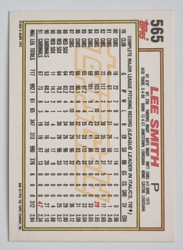1992 Topps Gold Winners #565 Lee Smith – Image 2