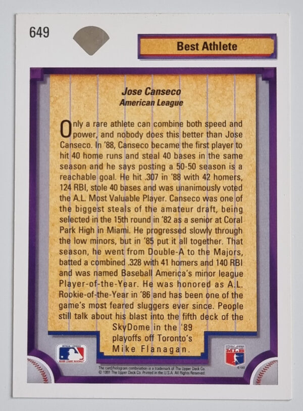1992 Upper Deck #649 Jose Canseco DS – Image 2