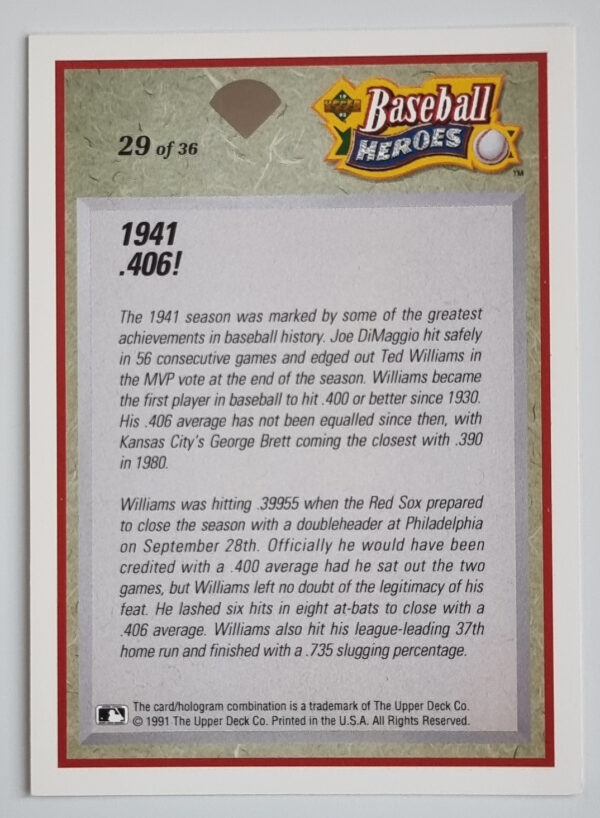1992 Upper Deck Williams Heroes #29 Ted Williams – Image 2