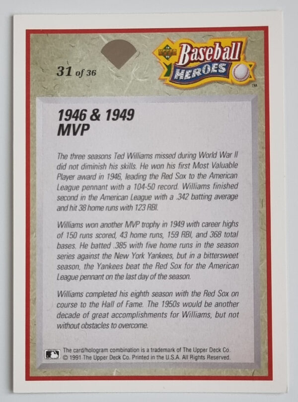 1992 Upper Deck Williams Heroes #31 Ted Williams – Image 2