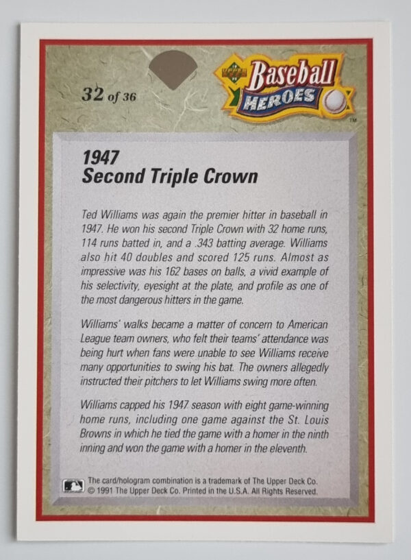 1992 Upper Deck Williams Heroes #32 Ted Williams – Image 2