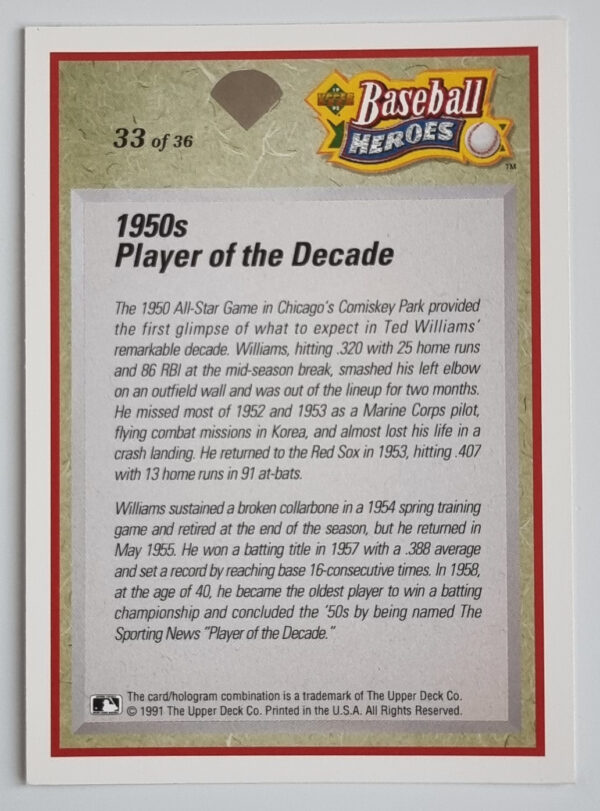 1992 Upper Deck Williams Heroes #33 Ted Williams – Image 2