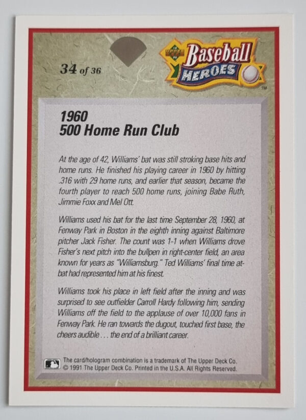 1992 Upper Deck Williams Heroes #34 Ted Williams – Image 2