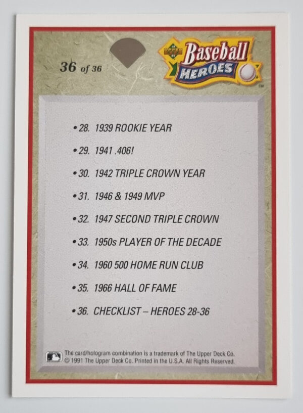 1992 Upper Deck Williams Heroes #36 Ted Williams CL – Image 2