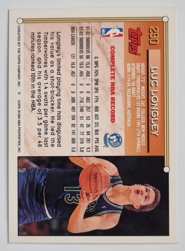 1993-94 Topps #290 Luc Longley – Image 2