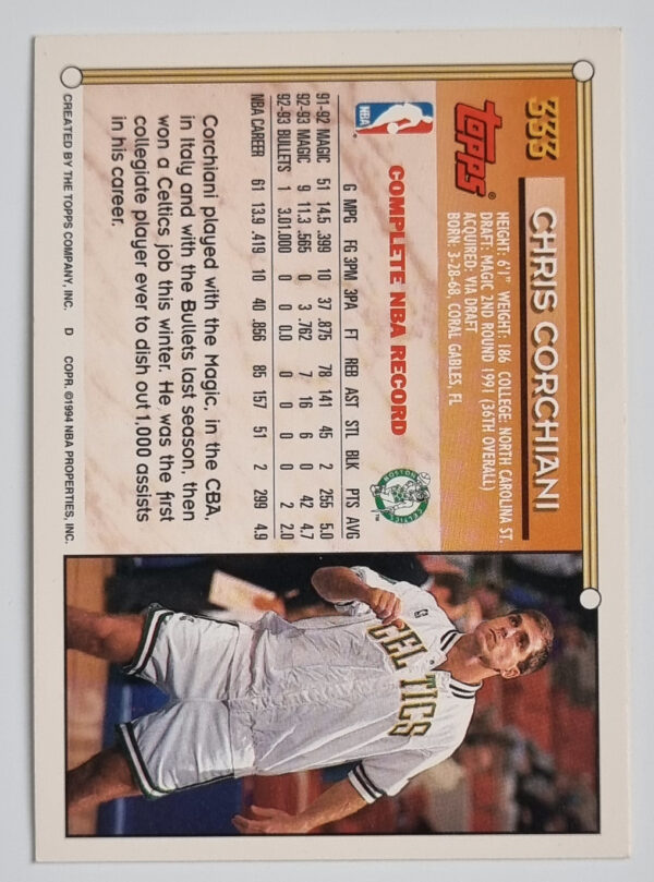 1993-94 Topps #333 Chris Corchiani – Image 2