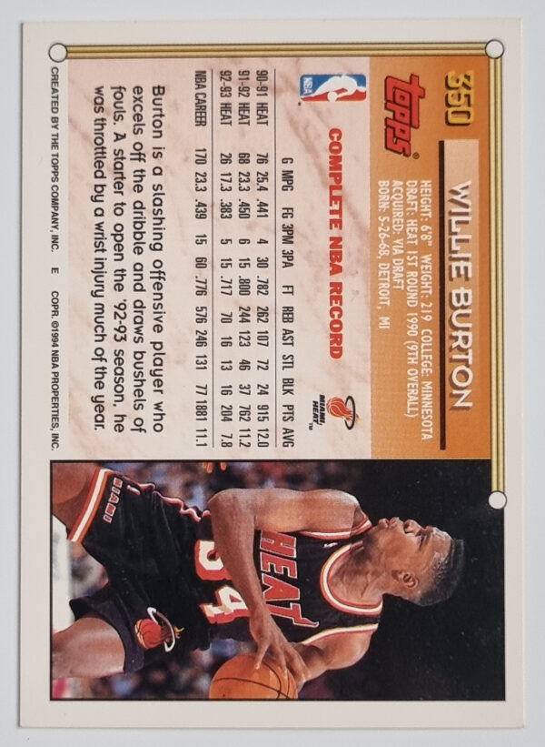 1993-94 Topps #350 Willie Burton – Image 2