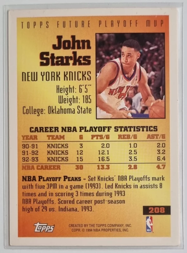 1993-94 Topps Gold #208 John Starks FPM – Image 2