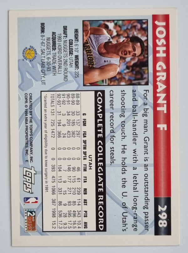 1993-94 Topps Gold #298 Josh Grant – Image 2