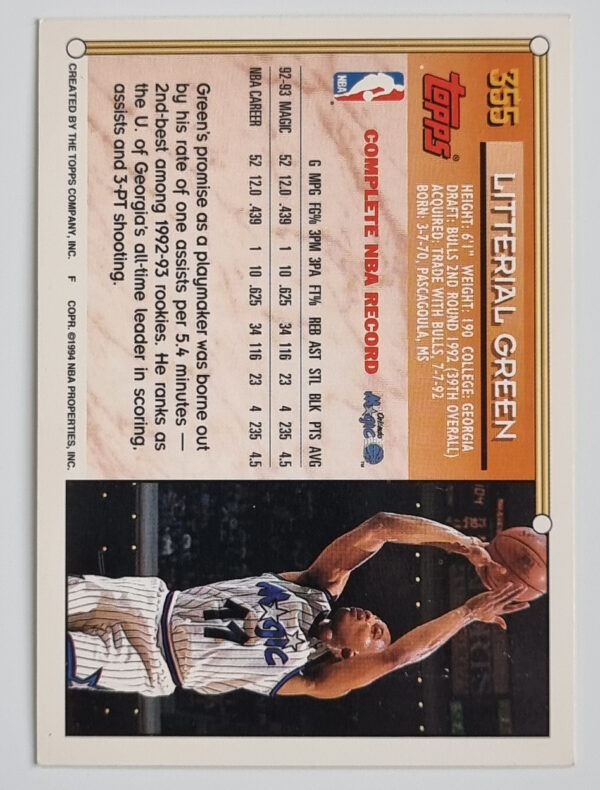 1993-94 Topps Gold #355 Litterial Green – Image 2