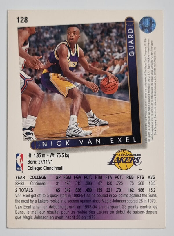 1993-94 Upper Deck International French #128 Nick Van Exel – Image 2